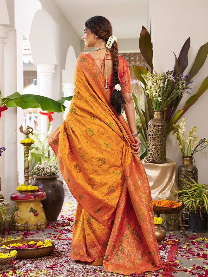 Mustard soft banarasi silk blend saree with contrast blouse piece