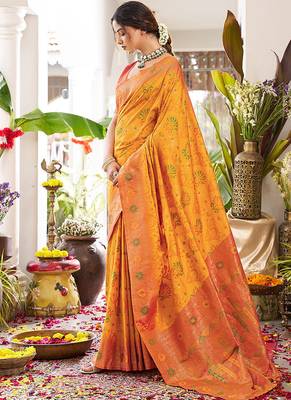 Mustard soft banarasi silk blend saree with contrast blouse piece 3