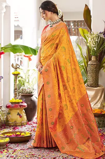 Mustard soft banarasi silk blend saree with contrast blouse piece