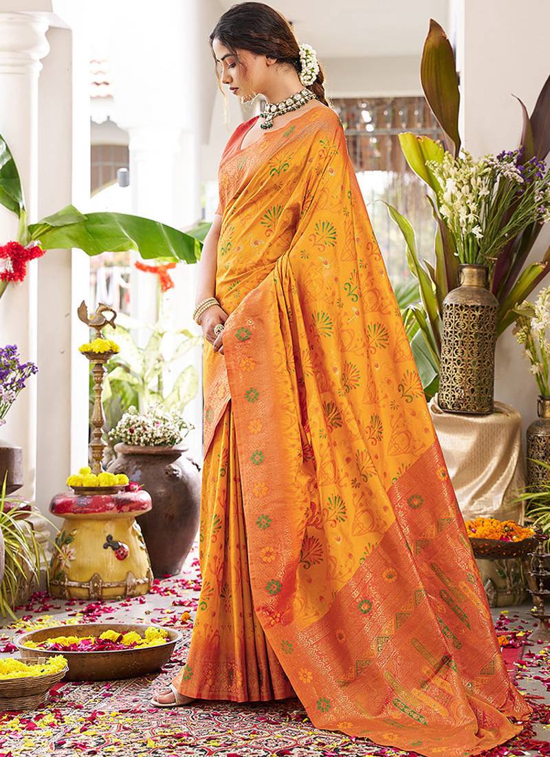 Mustard soft banarasi silk blend saree with contrast blouse piece