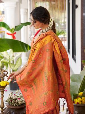 Mustard soft banarasi silk blend saree with contrast blouse piece 4