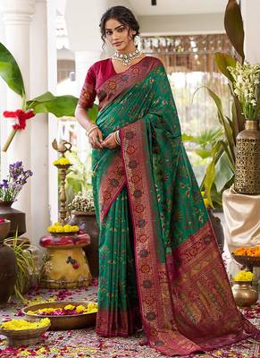 Green soft banarasi silk blend saree with contrast blouse piece 1