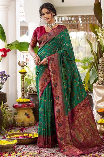 Green soft banarasi silk blend saree with contrast blouse piece