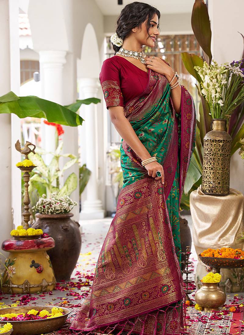 Green soft banarasi silk blend saree with contrast blouse piece
