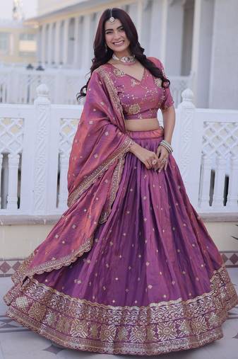 Purple Silk Semi Stitched Lehenga Choli with Zari Embroidery & Sequence Work
