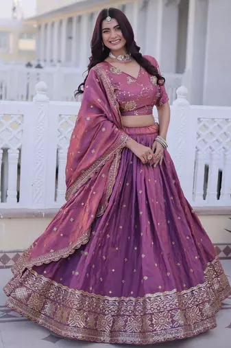 Purple Silk Semi Stitched Lehenga Choli with Zari Embroidery & Sequence Work