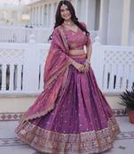 Purple Silk Semi Stitched Lehenga Choli with Zari Embroidery & Sequence Work