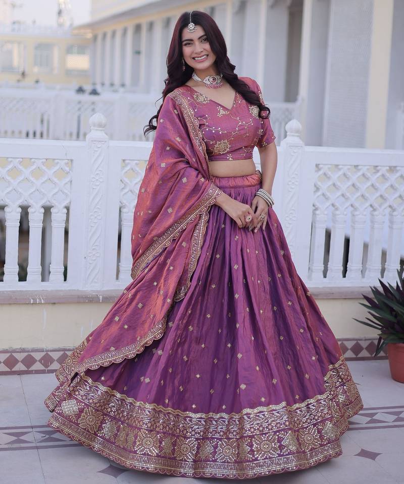 Purple Silk Semi Stitched Lehenga Choli with Zari Embroidery & Sequence Work