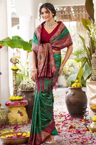 Green soft banarasi silk blend saree with contrast blouse piece