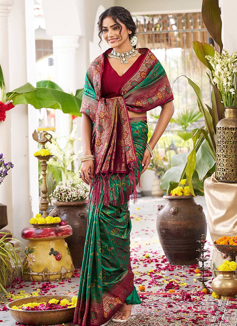 Green soft banarasi silk blend saree with contrast blouse piece