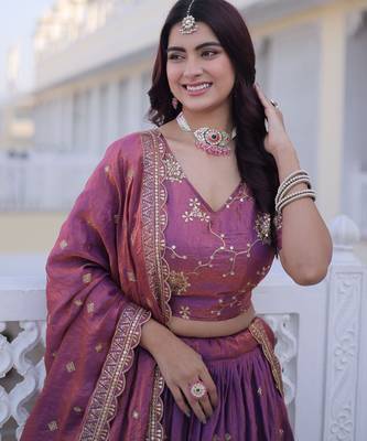 Purple Silk Semi Stitched Lehenga Choli with Zari Embroidery & Sequence Work 2