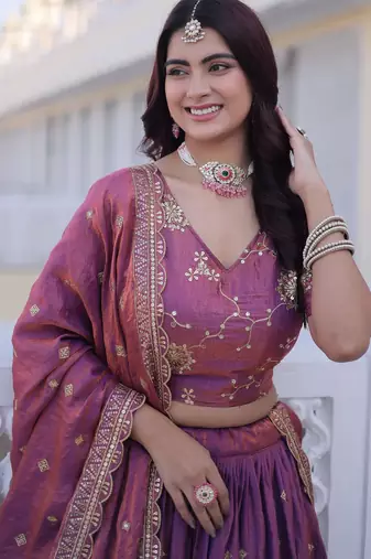 Purple Silk Semi Stitched Lehenga Choli with Zari Embroidery & Sequence Work