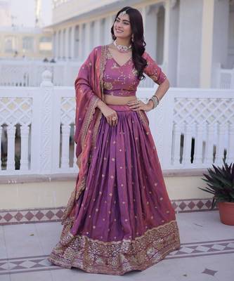 Purple Silk Semi Stitched Lehenga Choli with Zari Embroidery & Sequence Work 3