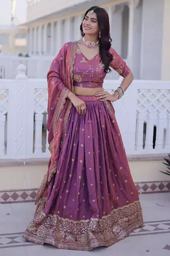 Purple Silk Semi Stitched Lehenga Choli with Zari Embroidery & Sequence Work