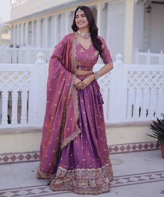 Purple Silk Semi Stitched Lehenga Choli with Zari Embroidery & Sequence Work 4