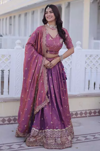 Purple Silk Semi Stitched Lehenga Choli with Zari Embroidery & Sequence Work