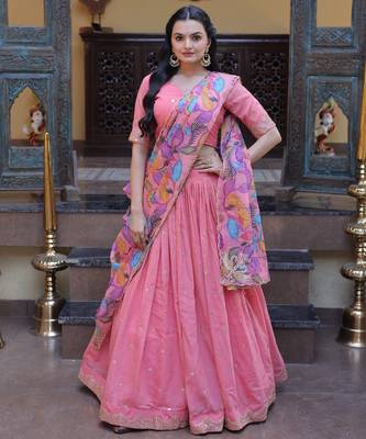 Pink Silk Semi Stitched Lehenga Choli with Zari Embroidery & Sequence Work 1