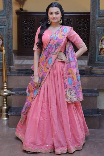 Pink Silk Semi Stitched Lehenga Choli with Zari Embroidery & Sequence Work