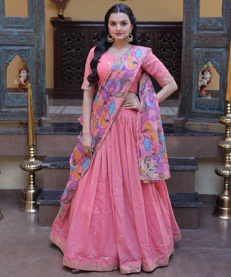 Pink Silk Semi Stitched Lehenga Choli with Zari Embroidery & Sequence Work