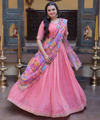 Pink Silk Semi Stitched Lehenga Choli with Zari Embroidery & Sequence Work 2