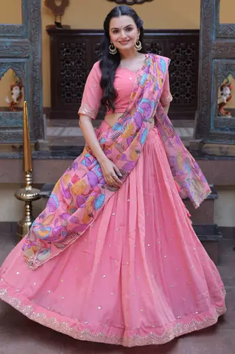 Pink Silk Semi Stitched Lehenga Choli with Zari Embroidery & Sequence Work