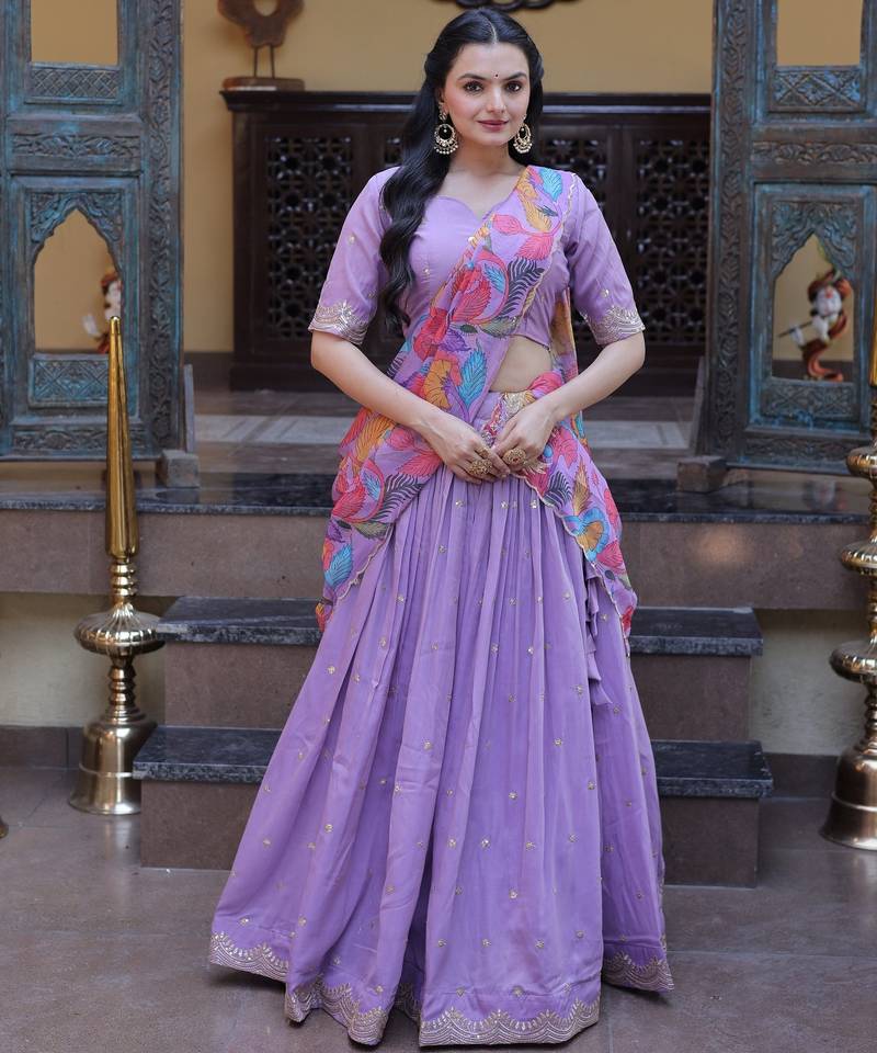 Lavender silk blend Lehenga Choli with Zari Embroidery & Sequin Work