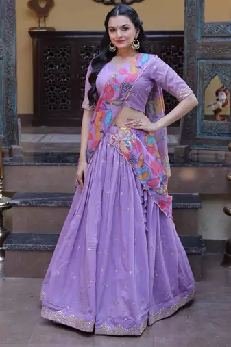 Lavender silk blend Lehenga Choli with Zari Embroidery & Sequin Work