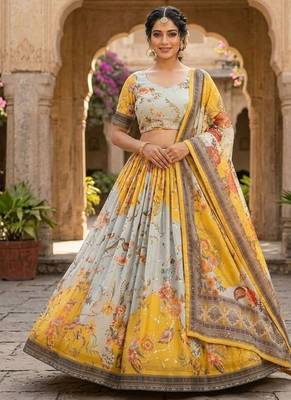 Yellow Silk Semi Stitched Lehenga Choli with Embroidery & Printed Work 1