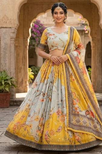 Yellow Silk Semi Stitched Lehenga Choli with Embroidery & Printed Work