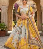 Yellow Silk Semi Stitched Lehenga Choli with Embroidery & Printed Work