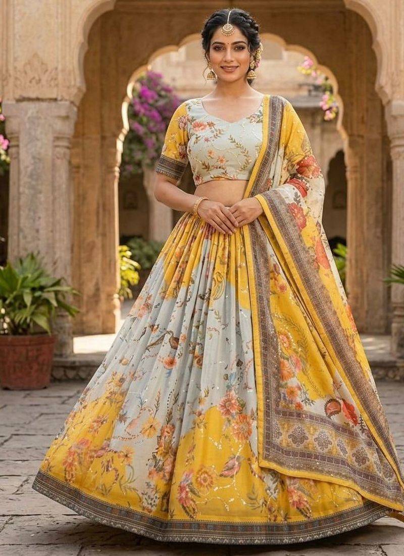 Yellow Silk Semi Stitched Lehenga Choli with Embroidery & Printed Work