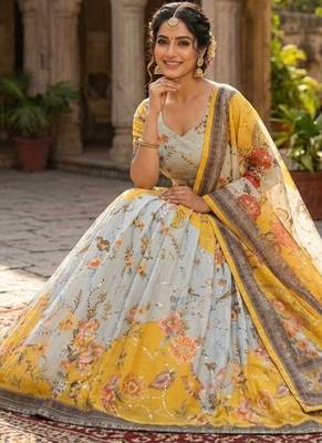Yellow Silk Semi Stitched Lehenga Choli with Embroidery & Printed Work 2