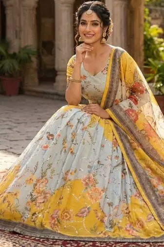 Yellow Silk Semi Stitched Lehenga Choli with Embroidery & Printed Work