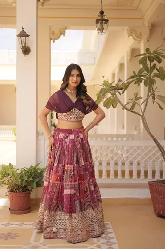 Maroon silk blend Free Size Stitched Lehenga Choli with Foil Embroidery & Printed Work