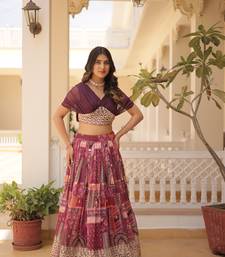 Maroon silk blend Free Size Stitched Lehenga Choli with Foil Embroidery & Printed Work
