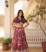 Maroon silk blend Free Size Stitched Lehenga Choli with Foil Embroidery & Printed Work