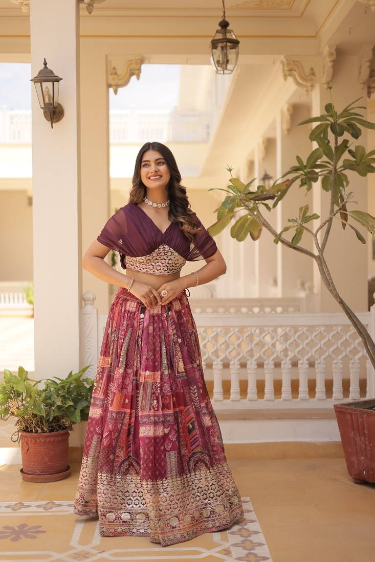 Maroon silk blend Free Size Stitched Lehenga Choli with Foil Embroidery & Printed Work