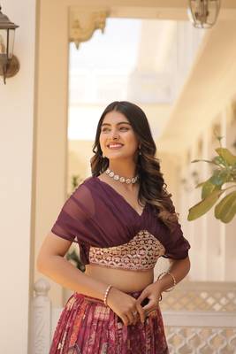 Maroon silk blend Free Size Stitched Lehenga Choli with Foil Embroidery & Printed Work 4