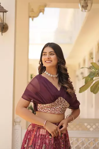 Maroon silk blend Free Size Stitched Lehenga Choli with Foil Embroidery & Printed Work