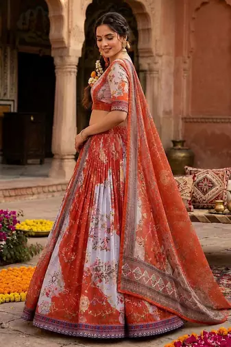 Orange silk blend Lehenga Choli with Embroidery & Printed Work
