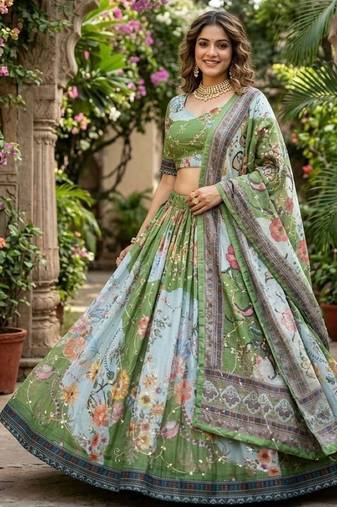 Green Silk Semi Stitched Lehenga Choli with Embroidery & Printed Work