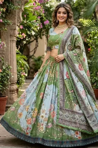Green silk blend Lehenga Choli with Embroidery & Printed Work