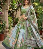 Green silk blend Lehenga Choli with Embroidery & Printed Work