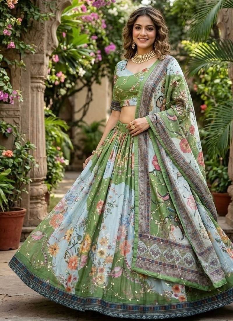 Green silk blend Lehenga Choli with Embroidery & Printed Work