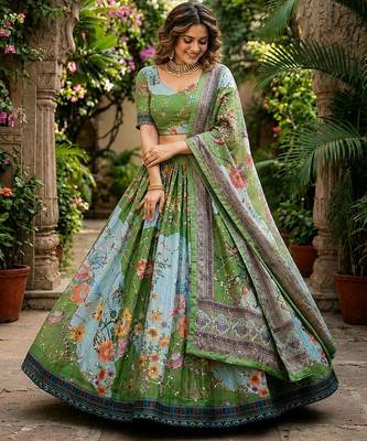 Green silk blend Lehenga Choli with Embroidery & Printed Work 2