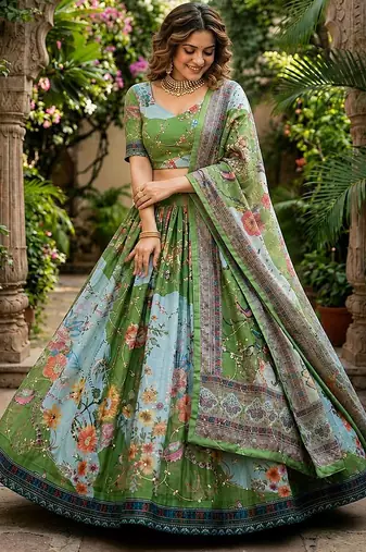 Green silk blend Lehenga Choli with Embroidery & Printed Work