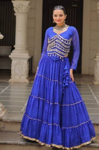 Blue Laheriya Free Size Stitched Navratri Lehenga Choli with Gota Patti & Mirro Work