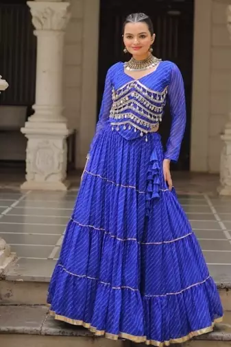 Blue Laheriya Free Size Stitched Navratri Lehenga Choli with Gota Patti & Mirro Work