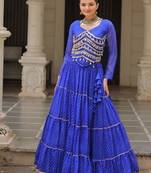 Blue Laheriya Free Size Stitched Navratri Lehenga Choli with Gota Patti & Mirro Work