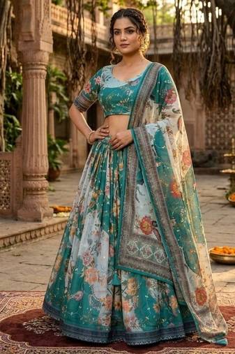 Blue Silk Semi Stitched Lehenga Choli with Embroidery & Printed Work